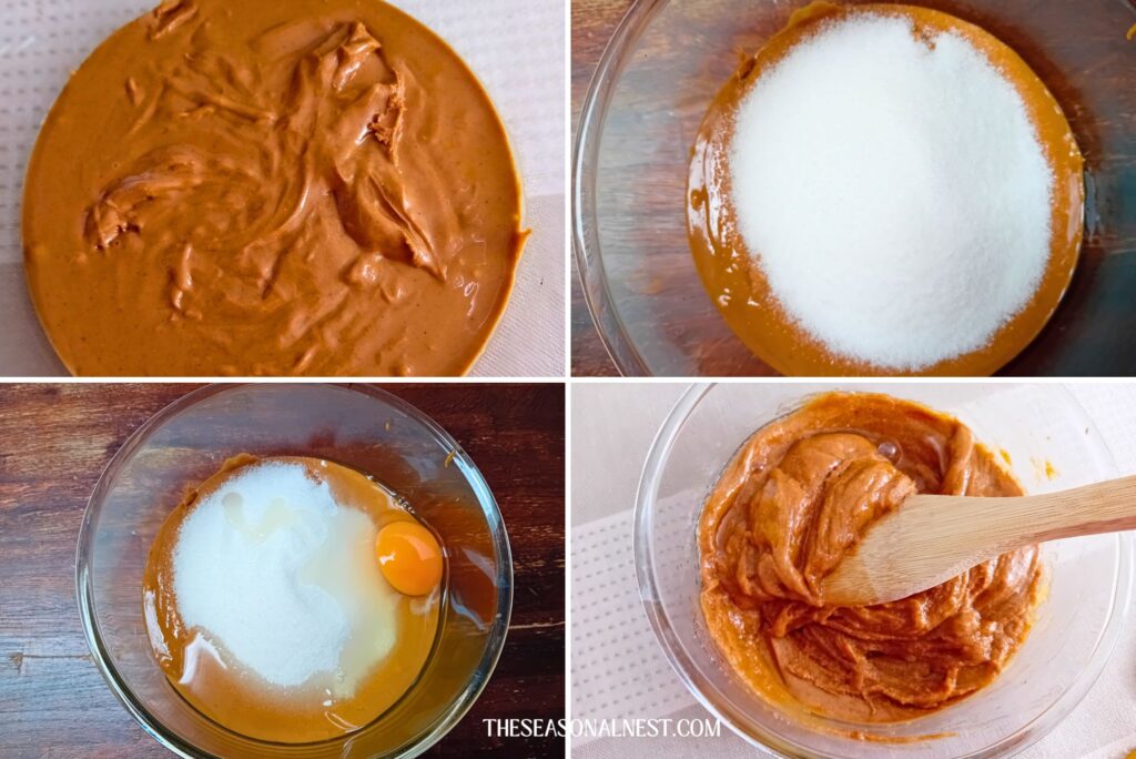 Step-by-step collage showing peanut butter, sugar, and egg being combined and mixed into cookie dough in a glass bowl.