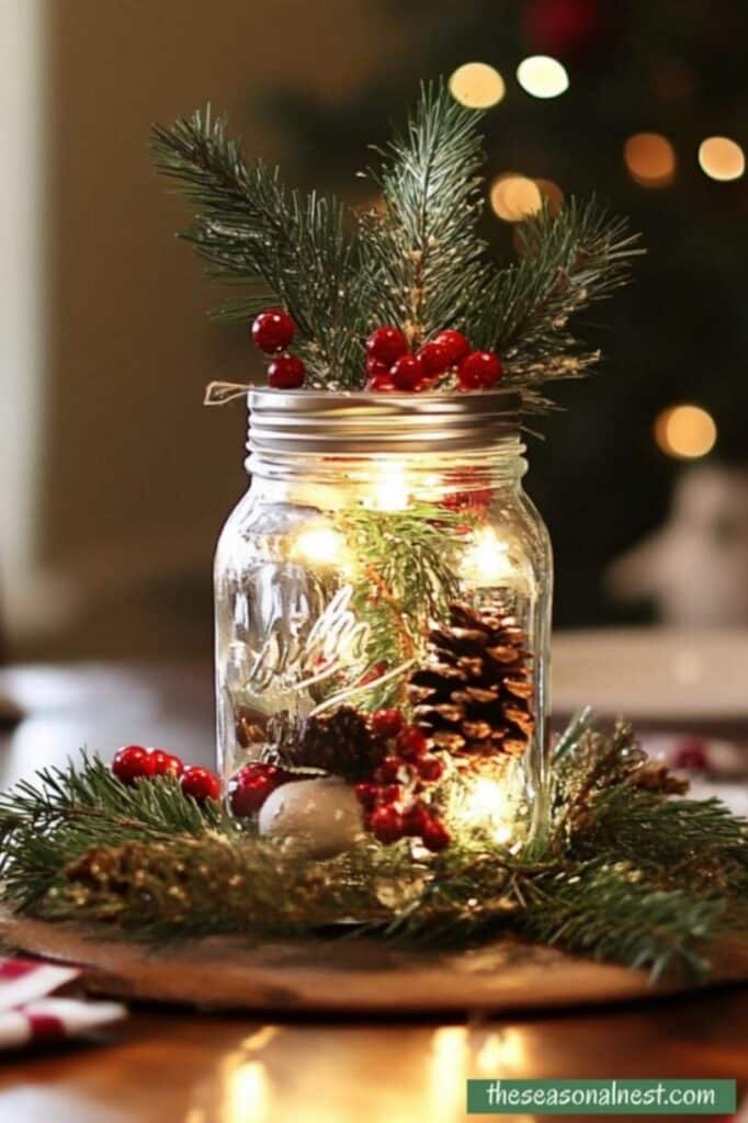 Mason jar centerpiece with lights, pinecones, and red berries.