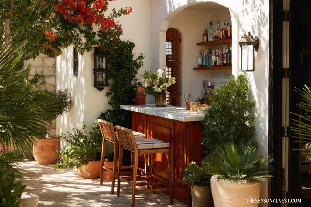A bar built into a white arch with plants and wooden cabinets.