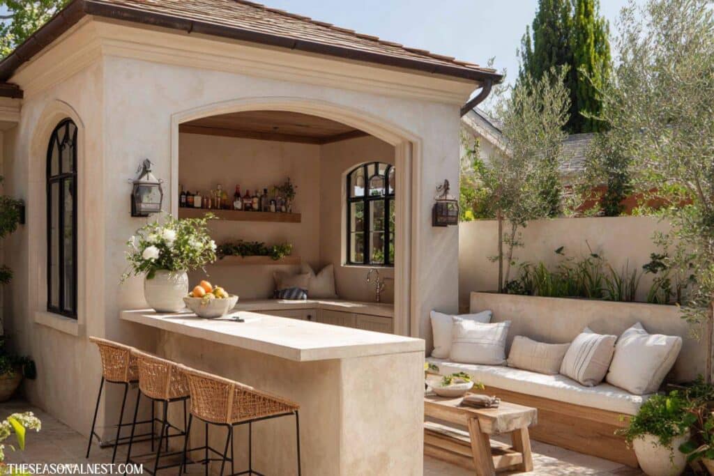 Mediterranean-style backyard bar with light neutral finish, woven stools, built-in shelves, and outdoor seating area.