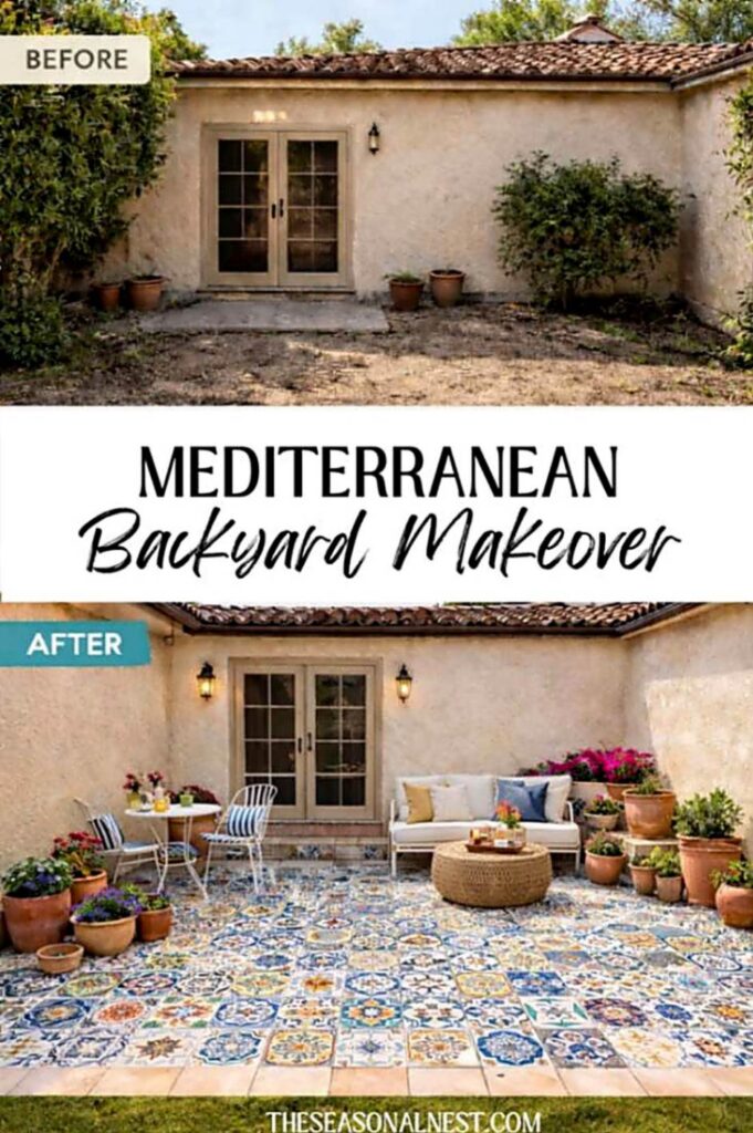 Before and after Mediterranean backyard patio makeover with colorful tile floor, terracotta planters, and cozy outdoor seating.