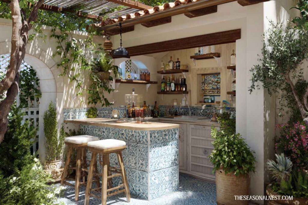 Mediterranean outdoor bar with patterned tile counter, wooden stools, shelves, plants, and pergola in a garden patio.