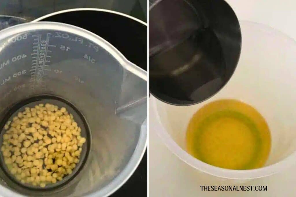 Beeswax, coconut oil, and almond oil in container, Adding Vitamin E to melted beeswax.
