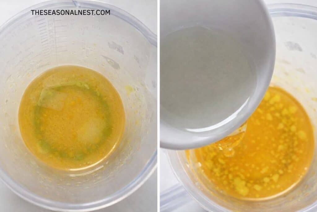 Mixing oils to make lemon sugar scrub cubes.