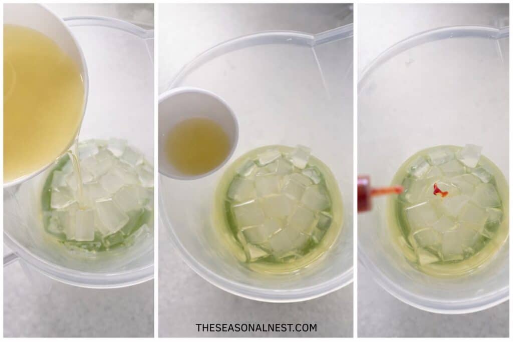 Adding oils and orange mica powder to the soap.