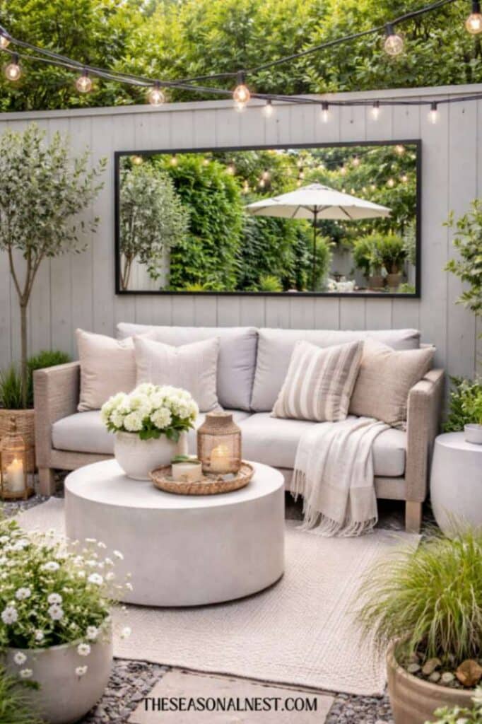 A large outdoor mirror with a couch with cushions, a rounded table and some flowers and greenery.