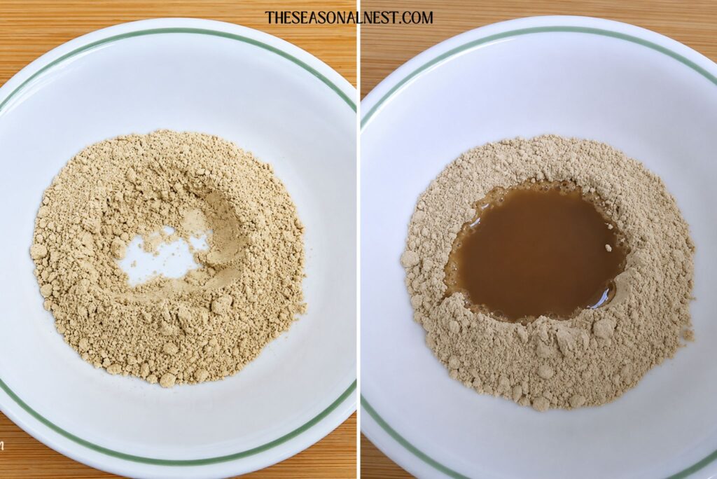 Collage image showing bentonite clay powder in a white bowl before and after adding apple cider vinegar to make a DIY hair clay mask mixture.