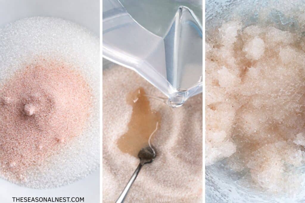 Combining sugar, Himalayan salts, and oils.