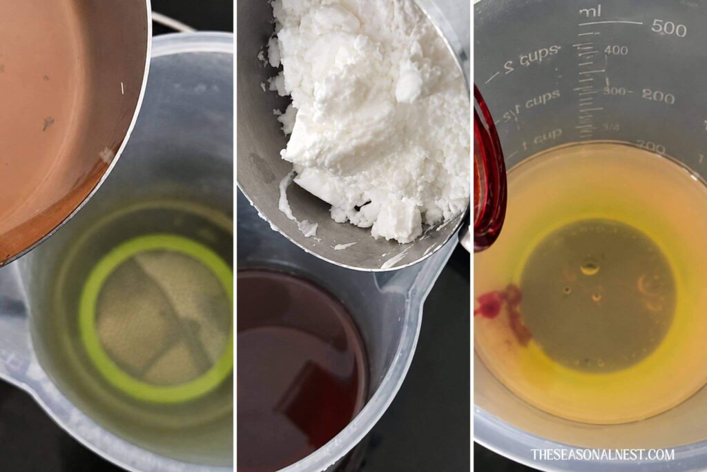 Mixing ingredients with melted oils.