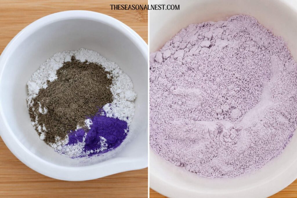 Clay powder, ground lavender seeds, and purple mica.