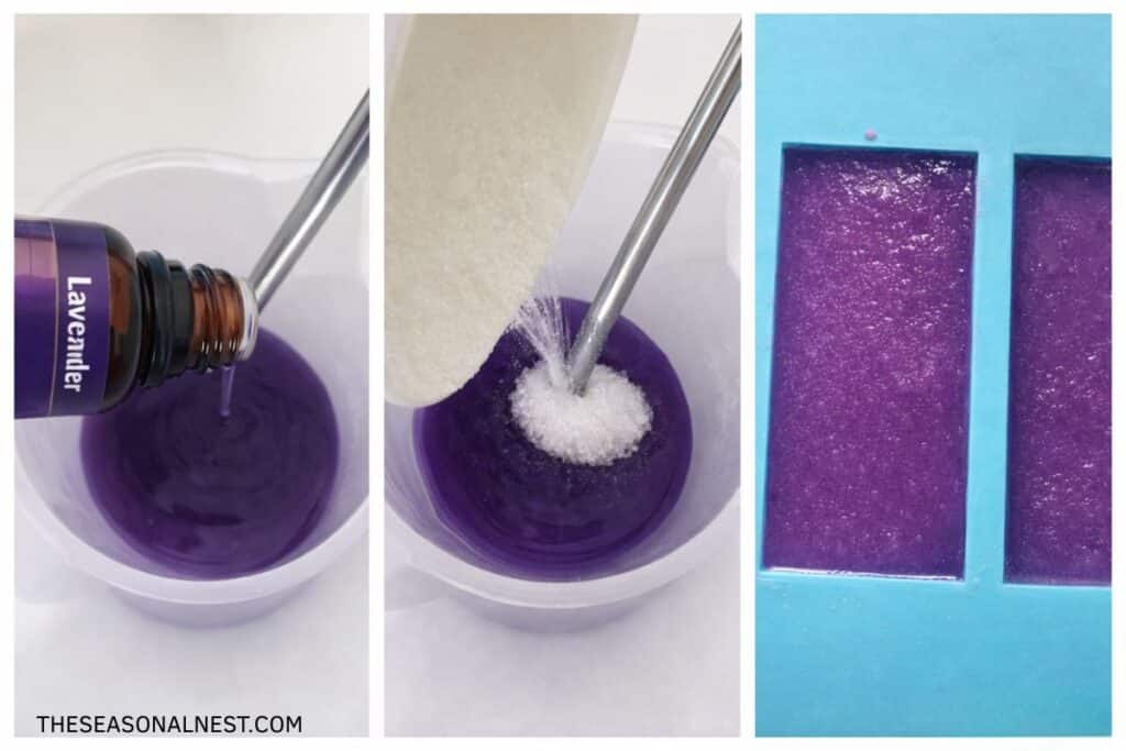 Adding lavender essential oil and sugar to the mixture.