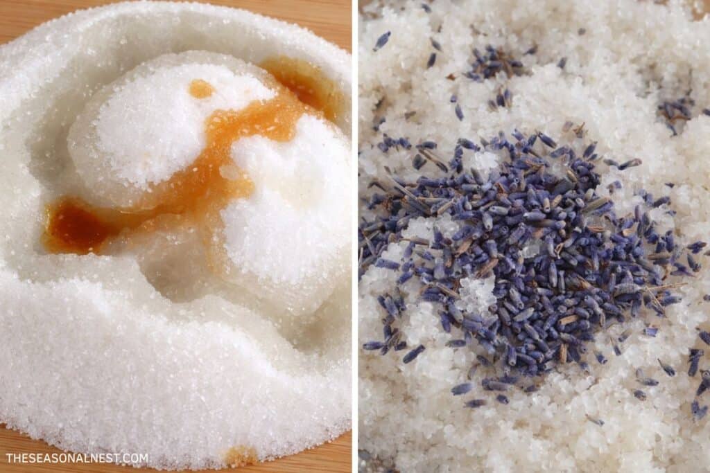 Combining sugar, vanilla extract, and oil and adding essential oil and lavender buds to the mixture.