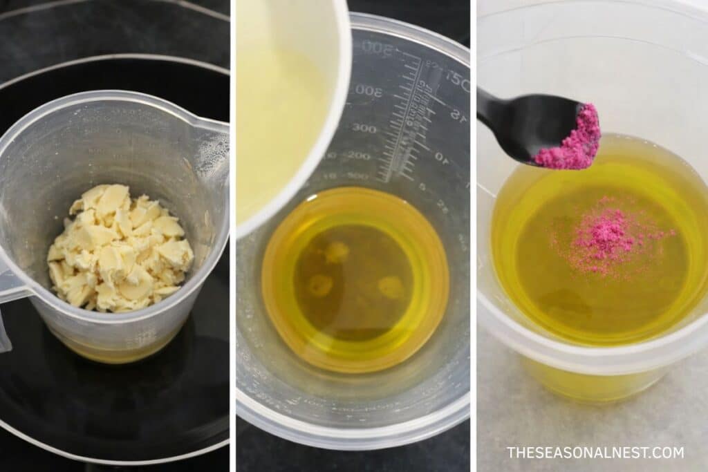 Combining rose sugar scrub ingredients.