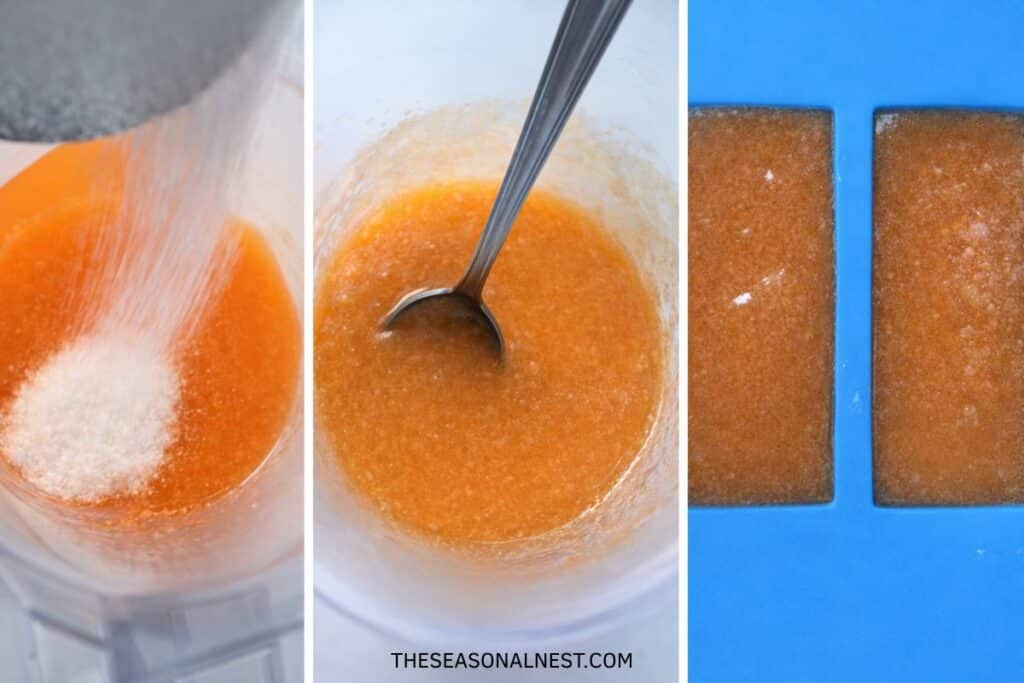 Adding sugar, stirring with a spoon and orange scrub in mold.