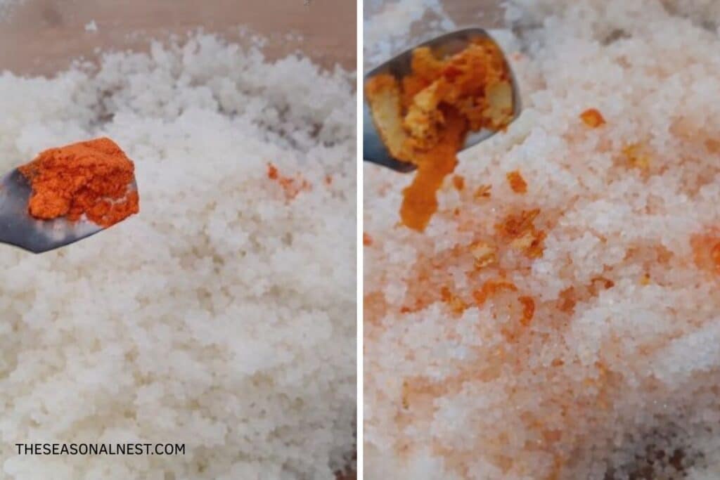 Adding orange mica powder to the scrub mixture. Adding orange peel to the scrub mixture