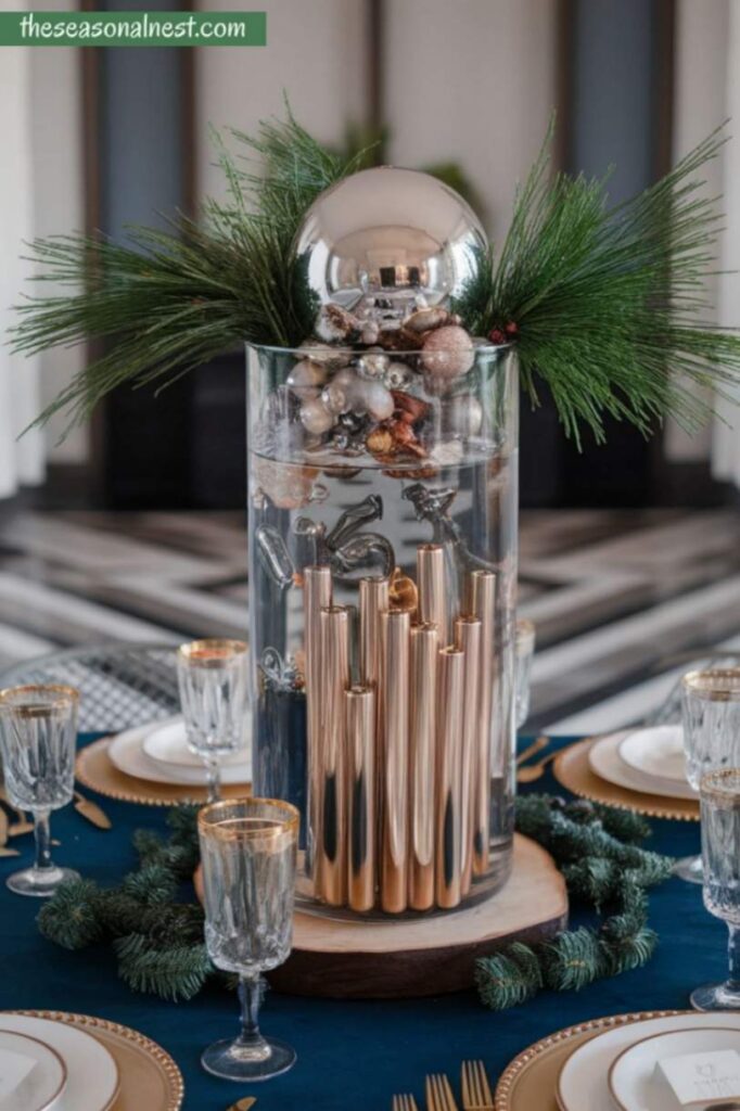 Modern Christmas centerpiece with a vase, metallic ornaments, and pine sprigs.
