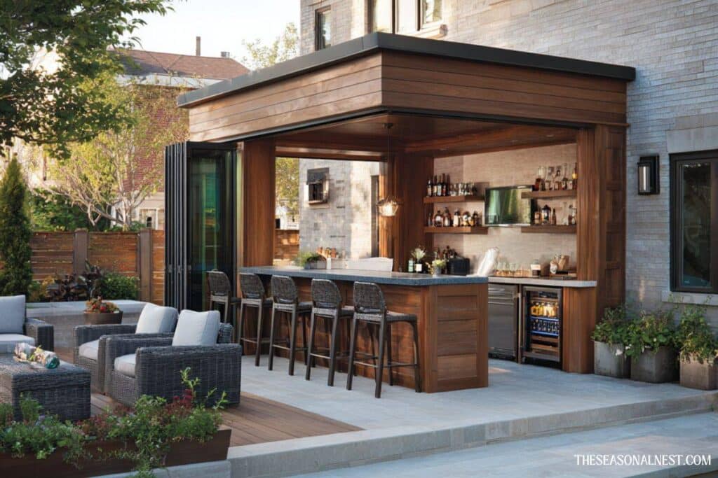 Modern backyard bar with covered structure, wood finish, bar seating, and outdoor kitchen setup.