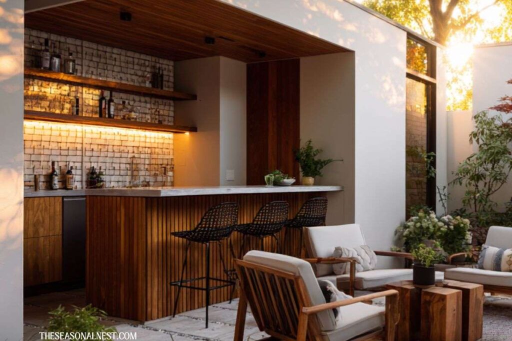 Modern outdoor bar with wooden counter, shelves, bar stools, and seating area with chairs and table in a backyard.