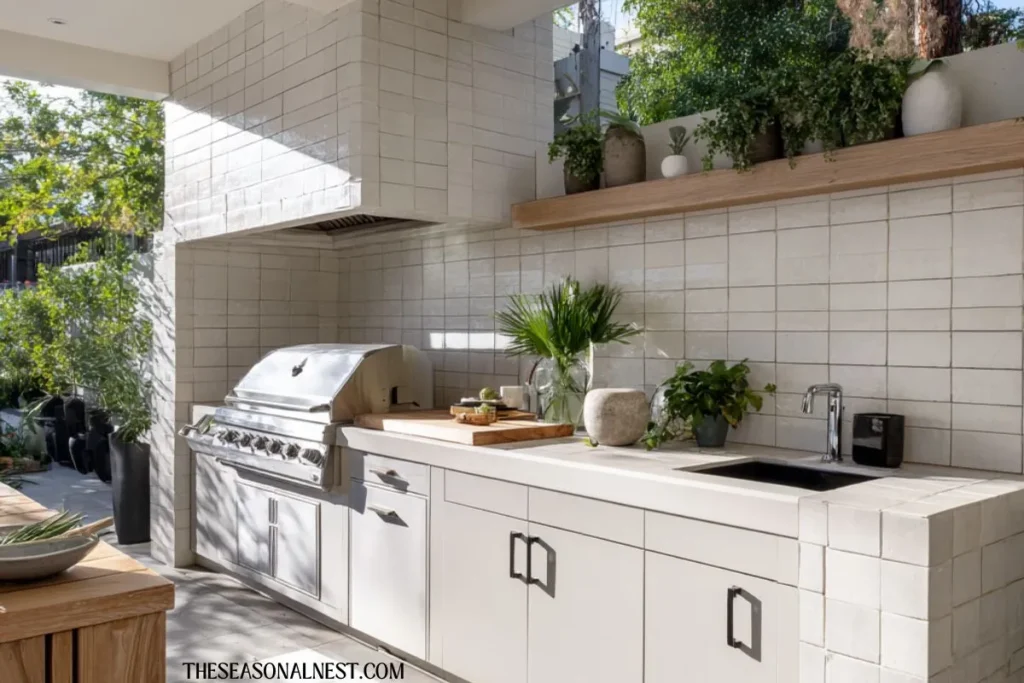 modern white tile backyard kitchen