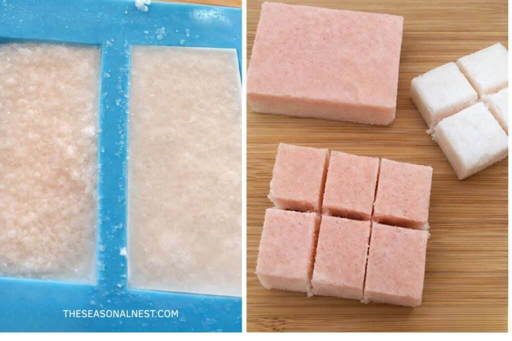Cutting coconut oil scrub into cubes.
