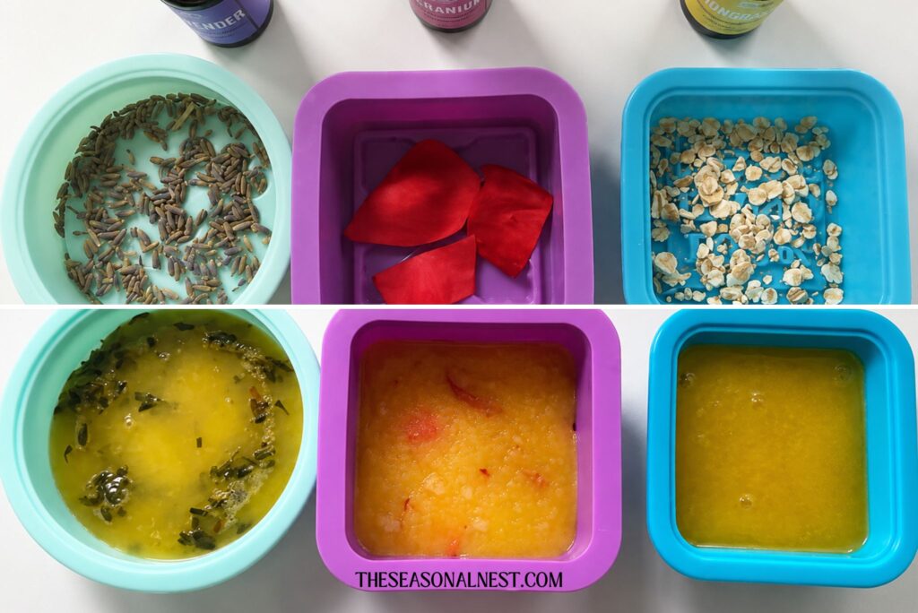 Placing petals and seeds on the bottom of molds.
