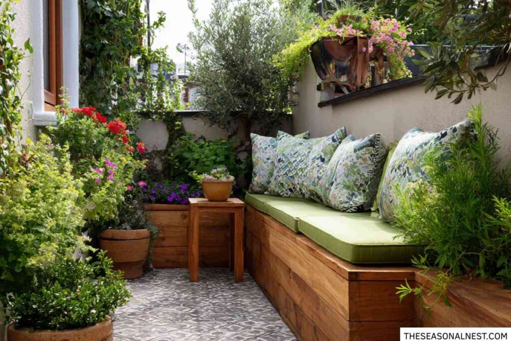 Narrow patio with a wooden built in bench, green cushions, patterned pillows, and lush plants in pots.