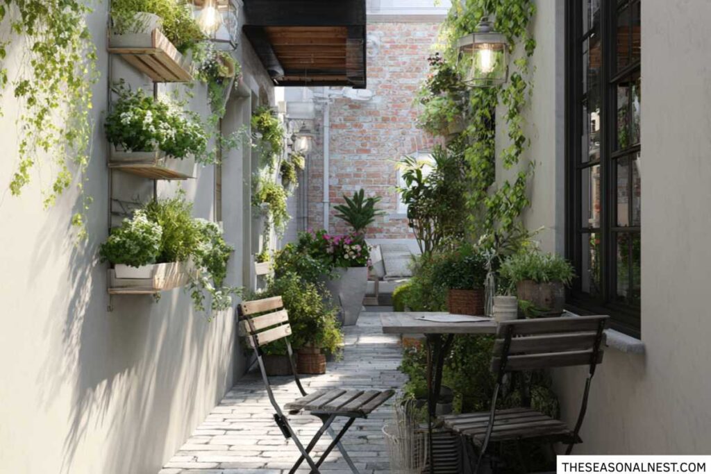 Narrow urban patio with wall-mounted planters, small table and chairs, and lush greenery creating a cozy garden space.