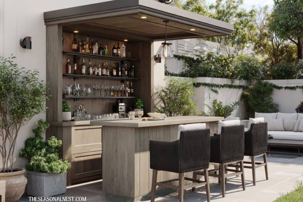 Modern backyard bar with wood finish, built-in shelves, seating, and covered outdoor structure.