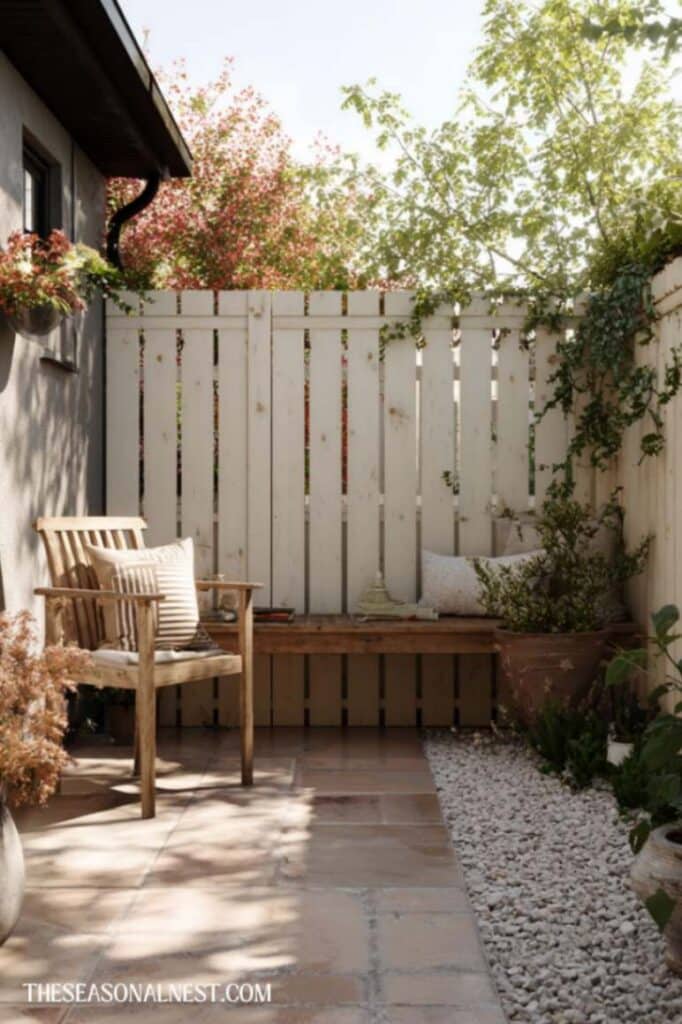 A light-painted fence, a wooden bench and a chair with cushions.