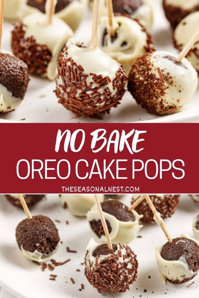 No bake white chocolate–dipped Oreo cake pops covered in sprinkles on a plate.