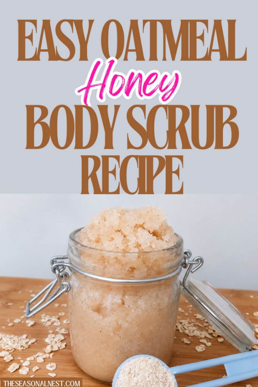 DIY oatmeal body scrub with honey  in a glass jar or Mason jar.