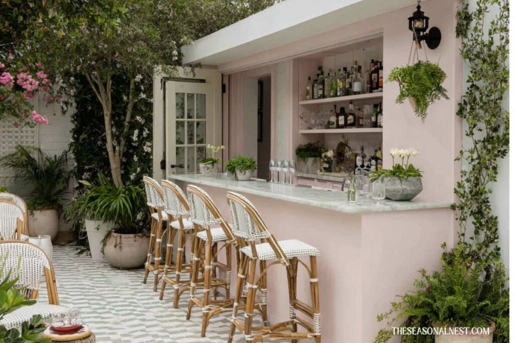 Soft pink outdoor bar with long counter, woven bar stools, shelves, bottles, and plants in an elegant patio setting.