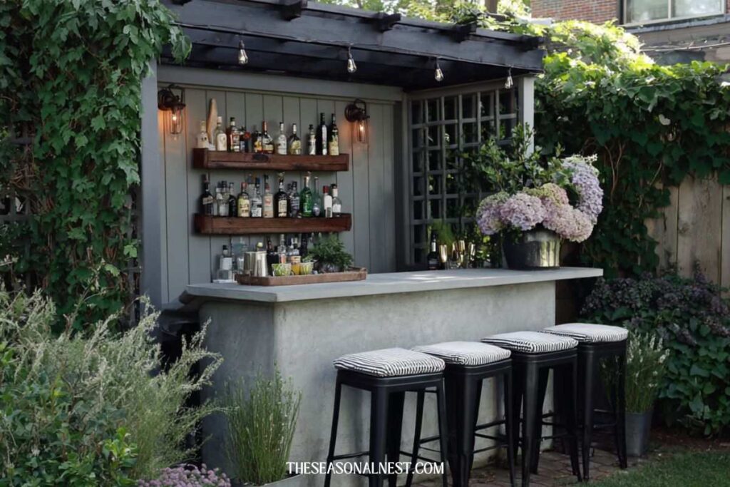 Modern outdoor bar ideas for small backyard with shelves, counter and bar stools.
