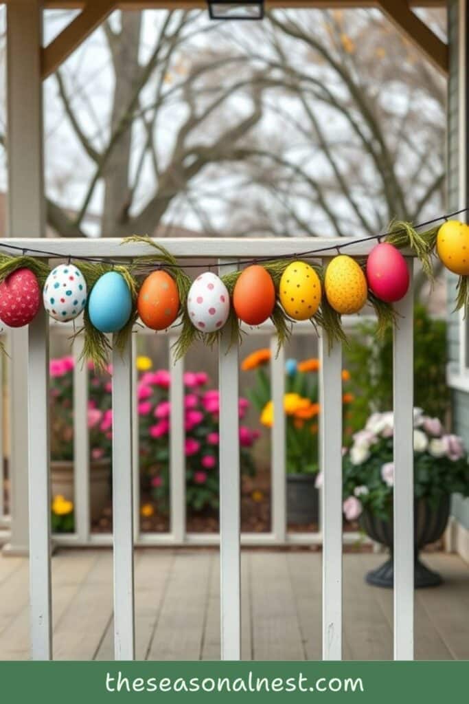 Bright Easter egg garland with polka dots and patterns hanging along a white porch railing, with colorful flowers in the background.