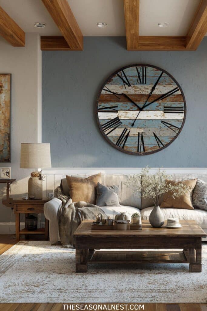 Earthy farmhouse living room with oversized rustic wall clock, cream sofa with cushions, wood coffee table for warm natural texture.
