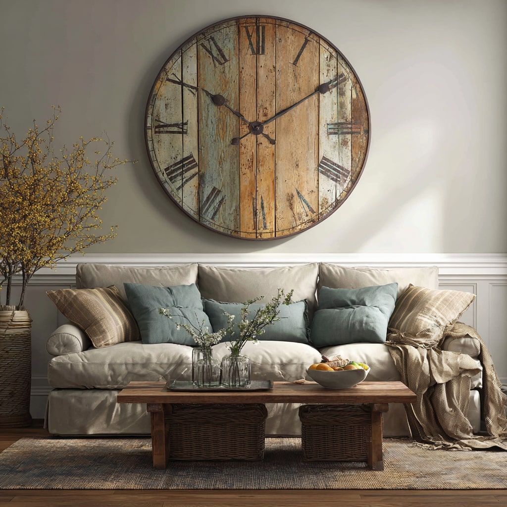 Earthy farmhouse living room with oversized rustic wall clock, beige sofa with sage cushions, wood coffee table, and woven baskets for warm natural texture.