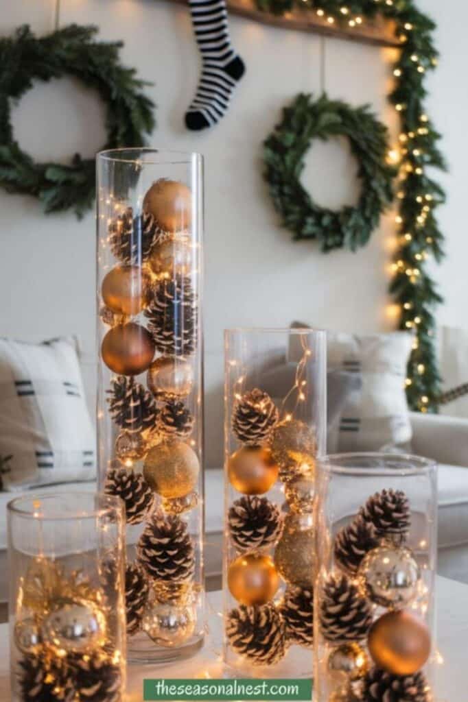 Glass vases filled with pinecones, gold ornaments, and string lights.