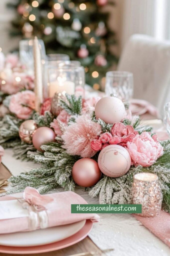 Pink Christmas centerpiece with florals, greenery, and ornaments.