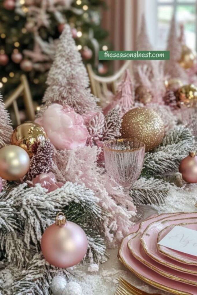 Pink and gold Christmas centerpiece with frosted evergreens and ornaments.
