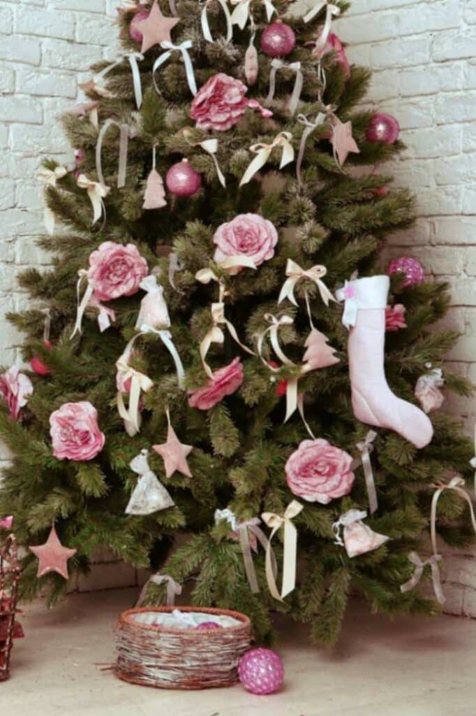 pink flowers christmas tree decor