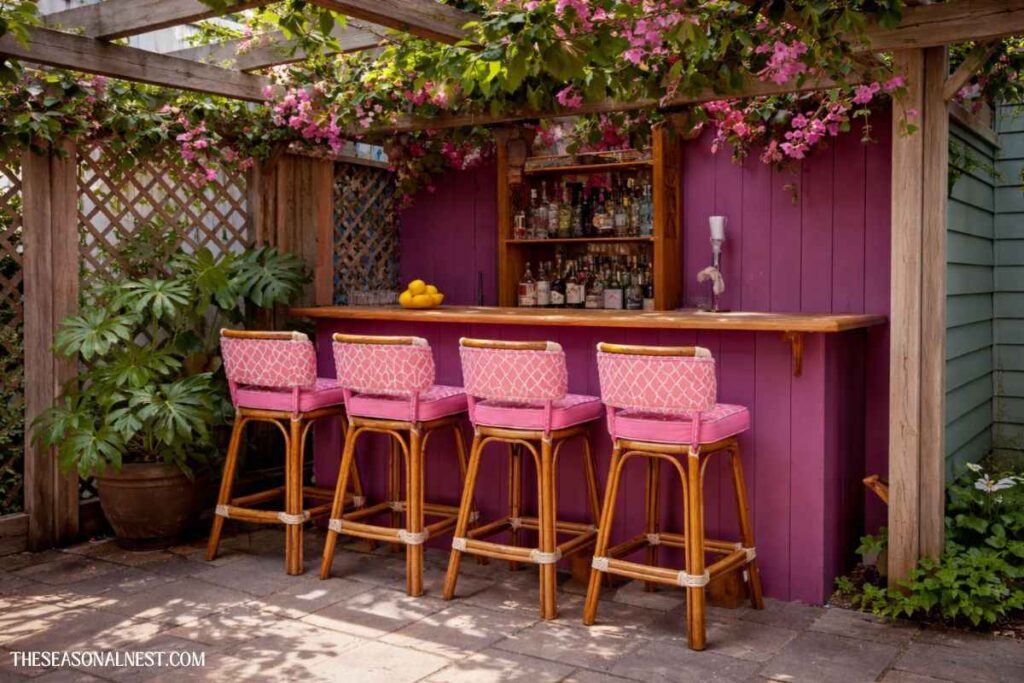Pink backyard bar with wooden counter, cushioned stools, pergola with greenery and flowers.