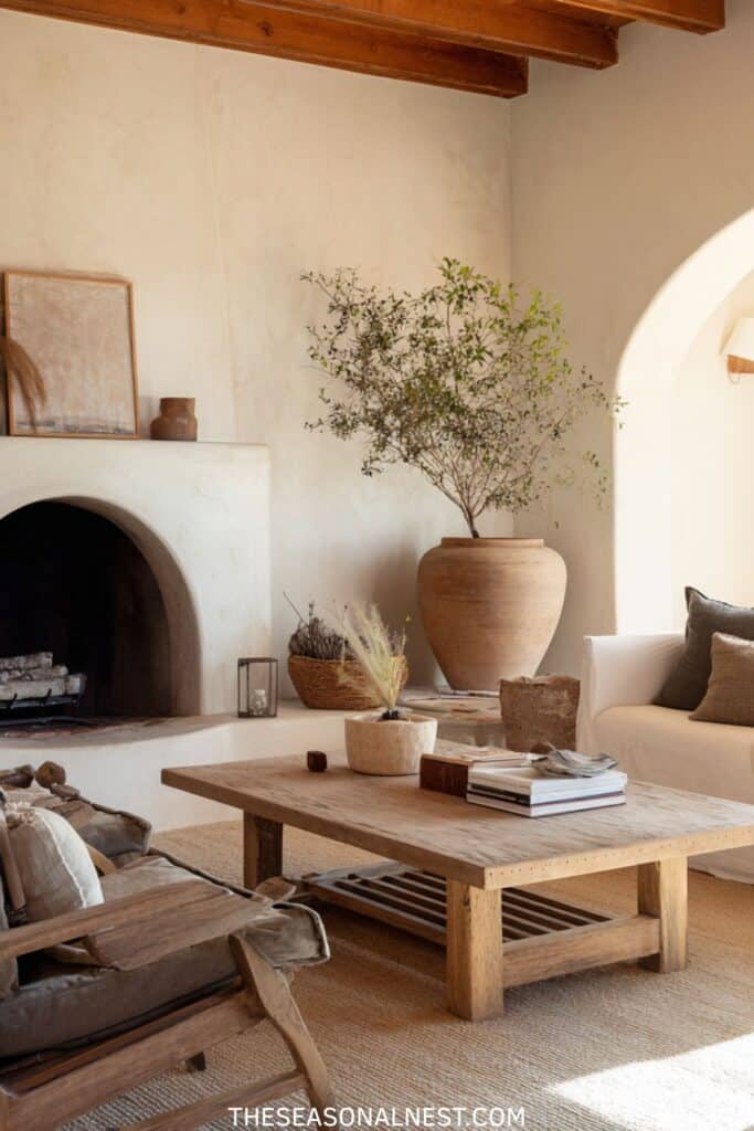 Minimal earthy farmhouse living room with plaster fireplace, light wood coffee table, clay pottery, exposed beams, and soft neutral tones.