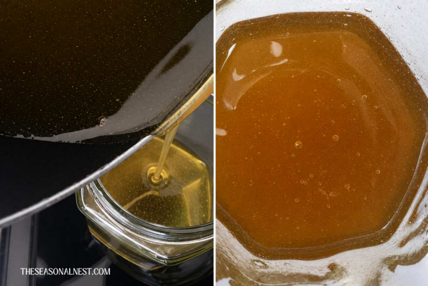 Pouring vinegar sugar wax into a glass jar.