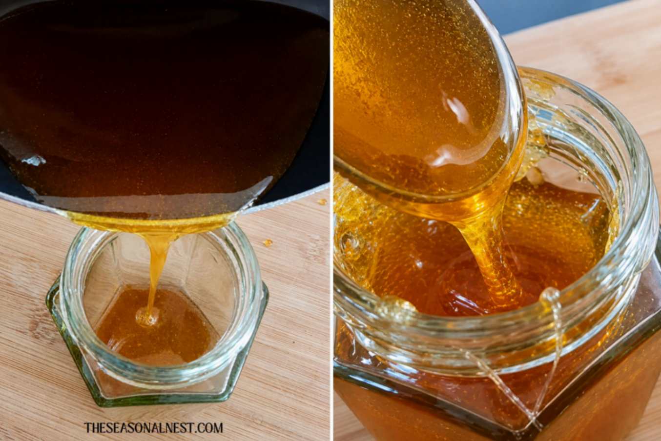 Pouring lemon sugar wax into a glass jar.