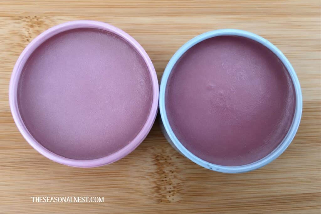 Purple tinted lip balm in containers