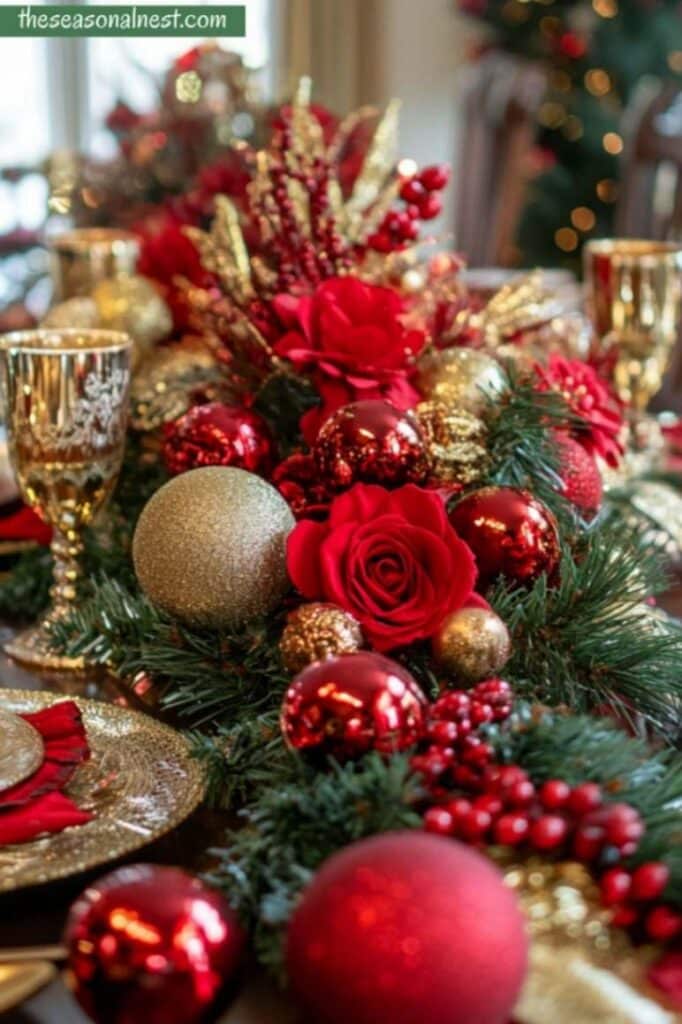 Christmas table centerpiece with red roses, gold ornaments, and greenery.