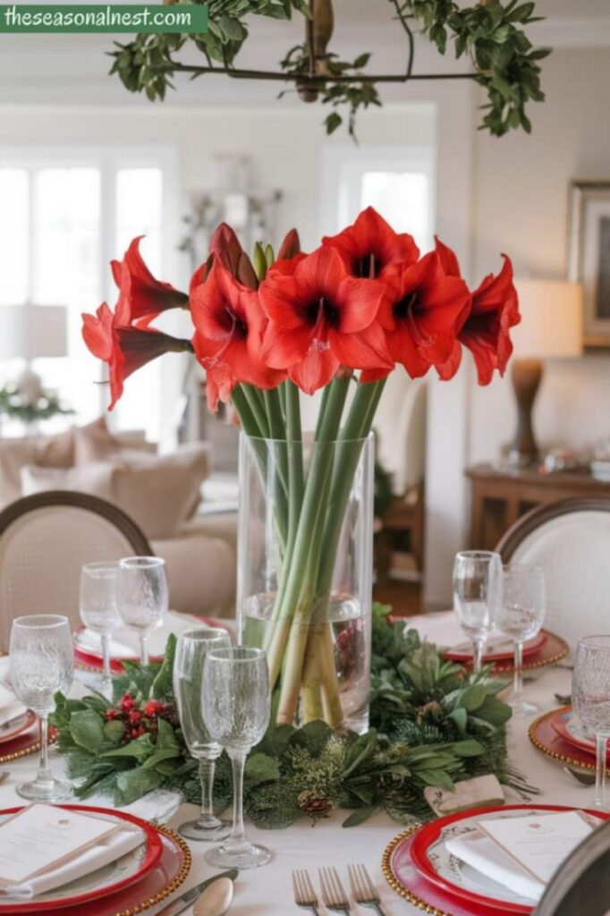 Arrange red amaryllis in a tall glass vase and surround it with greenery for an eye-catching and elegant Christmas table decoration.