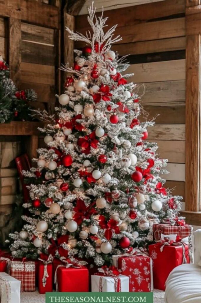 red white flocked christmas tree