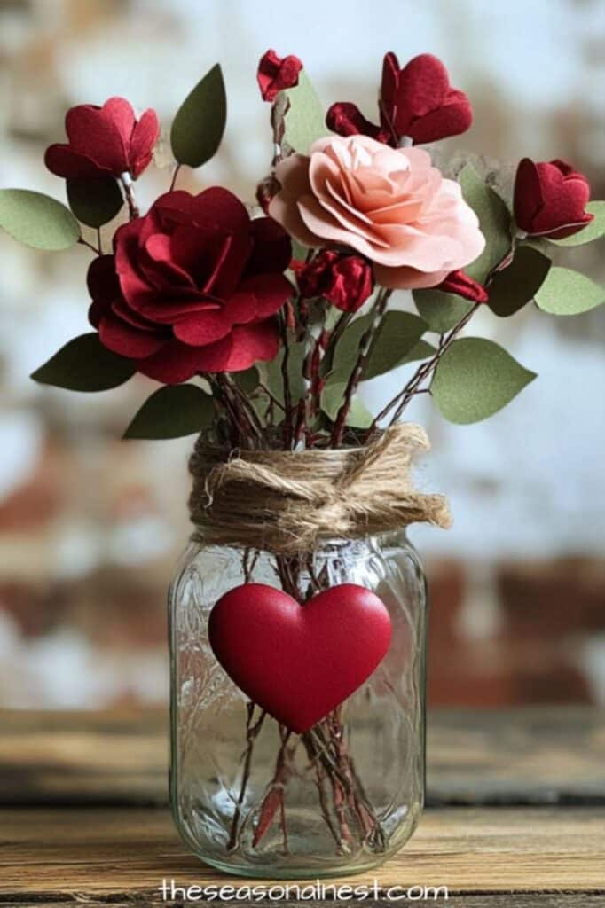 Valentine mason jar centerpiece with red heart accent, twine wrapped rim, and faux roses and greenery on a rustic table.
