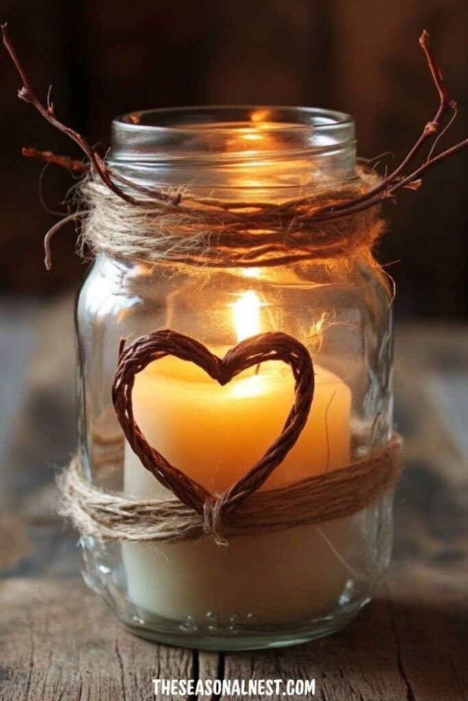 Valentine mason jar candle with twine wrapped glass, rustic heart detail, glowing candle, and warm romantic table decor.